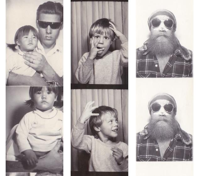 A cool duo—father and son—pose together in matching sunglasses, demonstrating how photobooths were perfect for capturing family bonds in a timeless and fun way